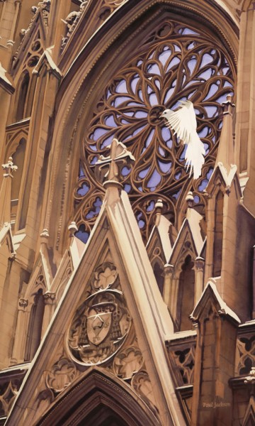 I was working on the drawing for this painting the day that Pope John Paul II passed away. The news footage repeatedly showed tributes to the Pope from St Patrick's cathedral in New York, the very building I was drawing. I included the dove in my composition as my own Tribute, but also fondly recall watching the Pope once release a white dove that flew right back in the window where he was standing. The dove was named Pax, meaning peace. He was the father of a flock of 21 white doves that I hand-raised in the 90's.

International Watercolor Masters Invitational,  China

Silver Medal, Southern Watercolor, 2007

Semifinalist, American Artist's 70th Anniversary Competition, 2007

Utrecht Award, Keystone National, 2007

Honorable Mention, Taos National, 2008
