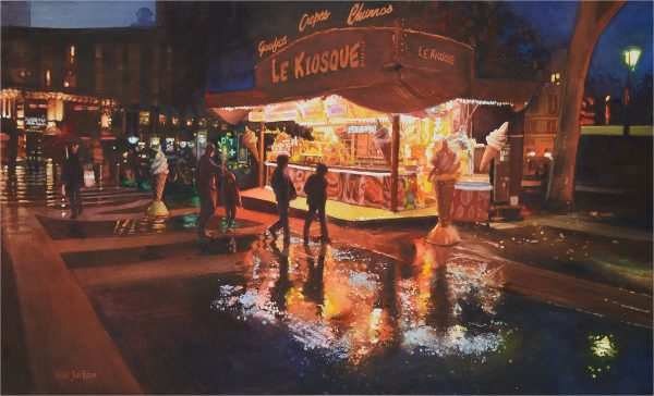 Le Kiosk, 22x36” watercolor by Paul Jackson 2019. Many late nights walking around Paris I’ve been lured in by the beacon of light that is Le Kiosk. Life size ice cream cones are just too much to resist.